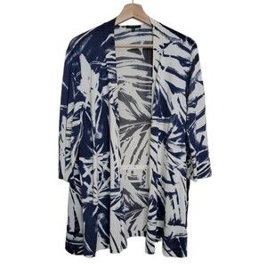 Lafayette 148 New York Navy and White Abstract Palm-Print Open Cardigan